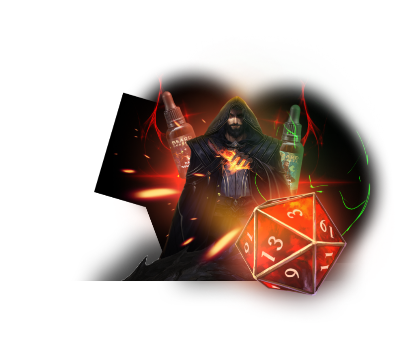 Beard Sorcery wizard holding a glowing potion beside a D20