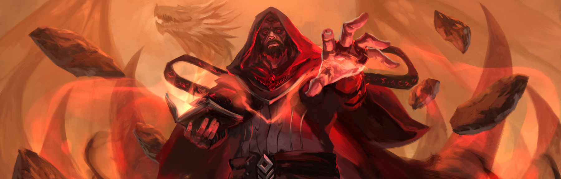 Dark sorcerer casting magic amid floating stones